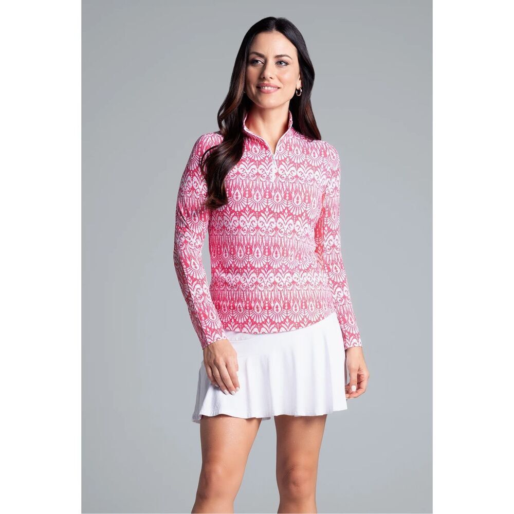 Ibkül Barbara Print Long Sleeve Mock Neck 1/4 Zip Watermelon/White Medium